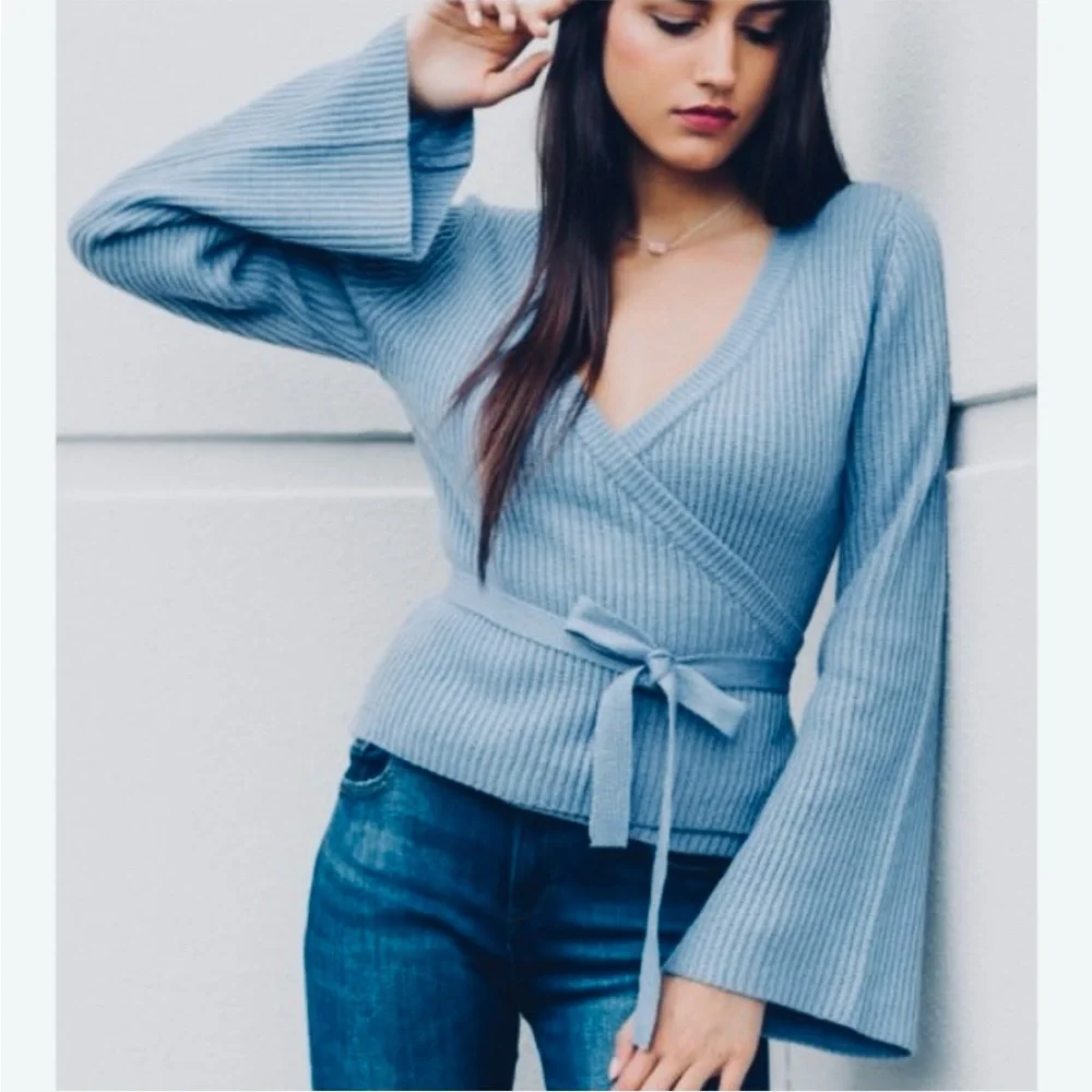 Cupcakes and Cashmere Chavi Wrap Bell Sleeve Sweater in French Blue Size S